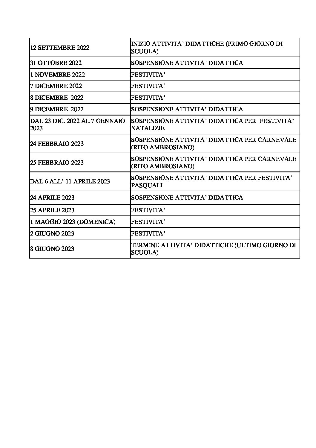 Calendario scolastico I.I.S "Curie Sraffa" Milano